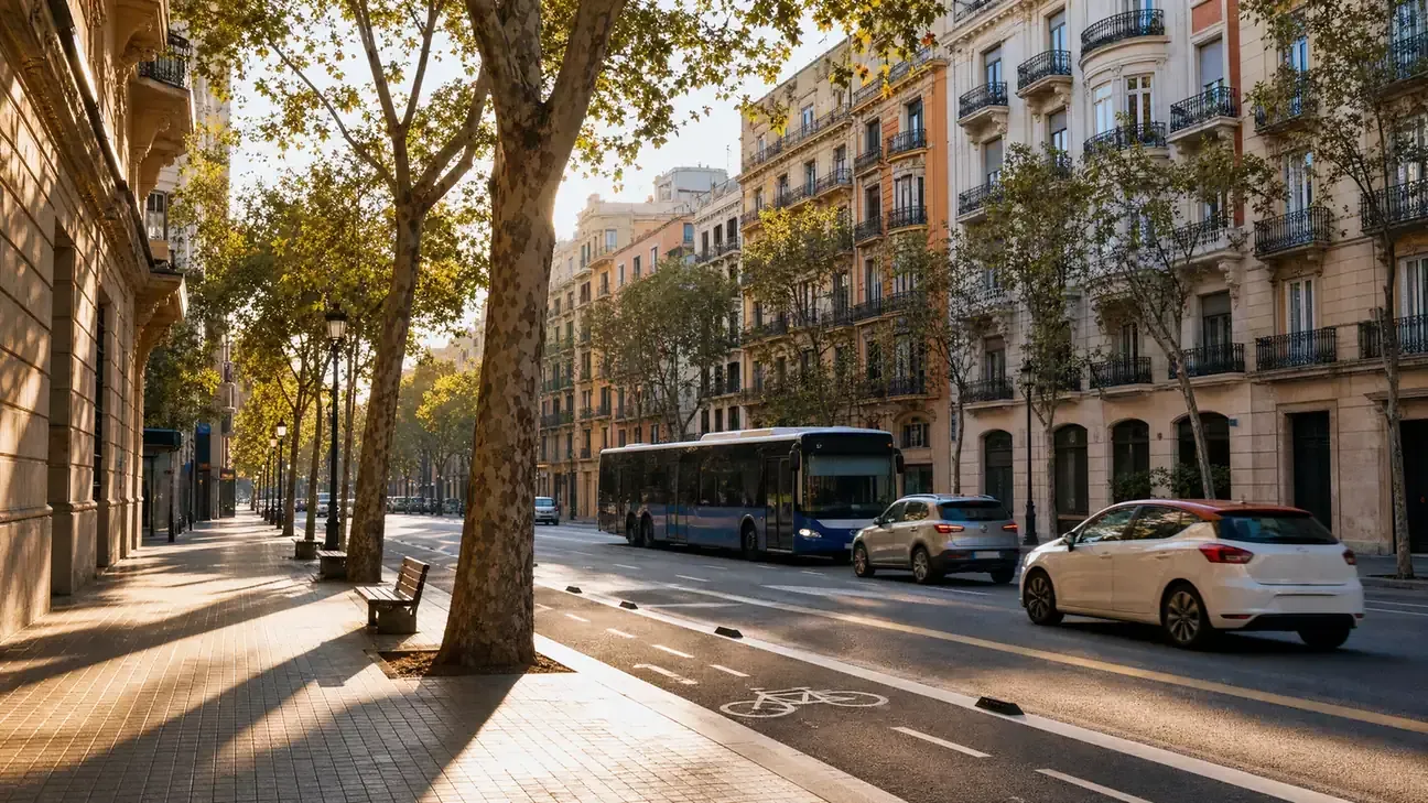 Calle de una ciudad española con tráfico a la entrada de una zona de bajas emisiones